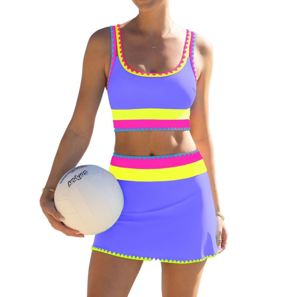 NWT Popvil 3 Piece High Waisted Bikini Set Neon Purple Pink Yellow Skirt Medium